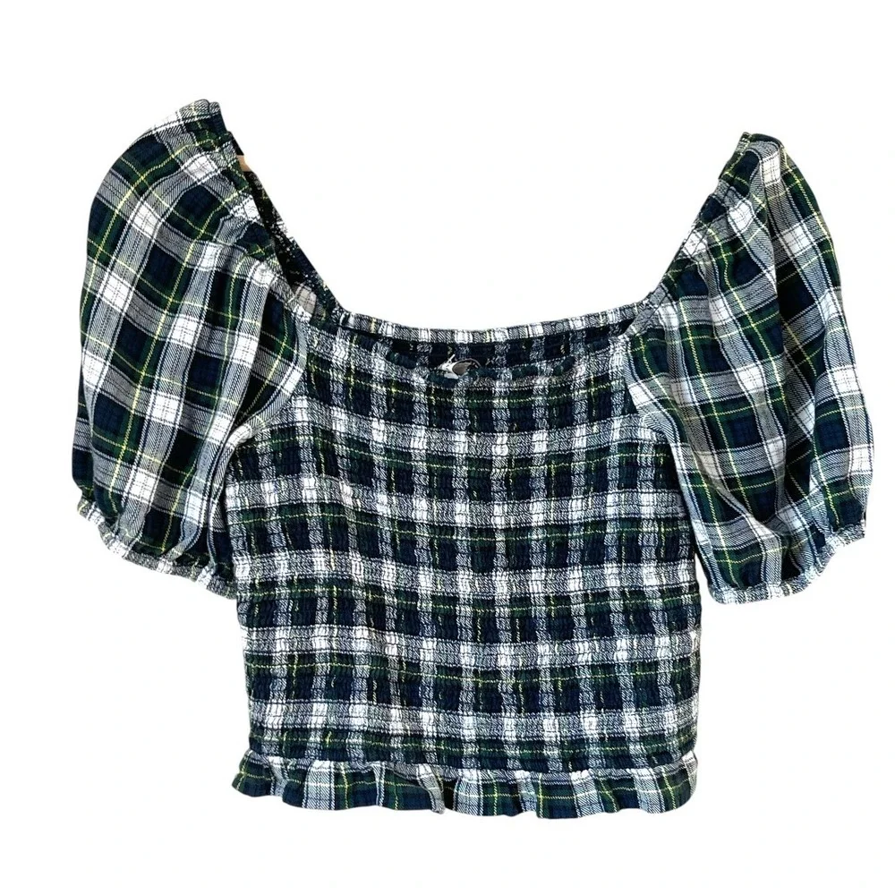 American Eagle Women Green Plaid Smocked Puff Sleeve Medium Crop Square Neck Top